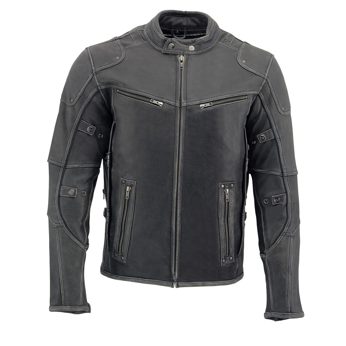 MLM1536 Mens Vintage Distressed Grey Leather Scooter Style Motorcycle Jacket - Reflective Piping