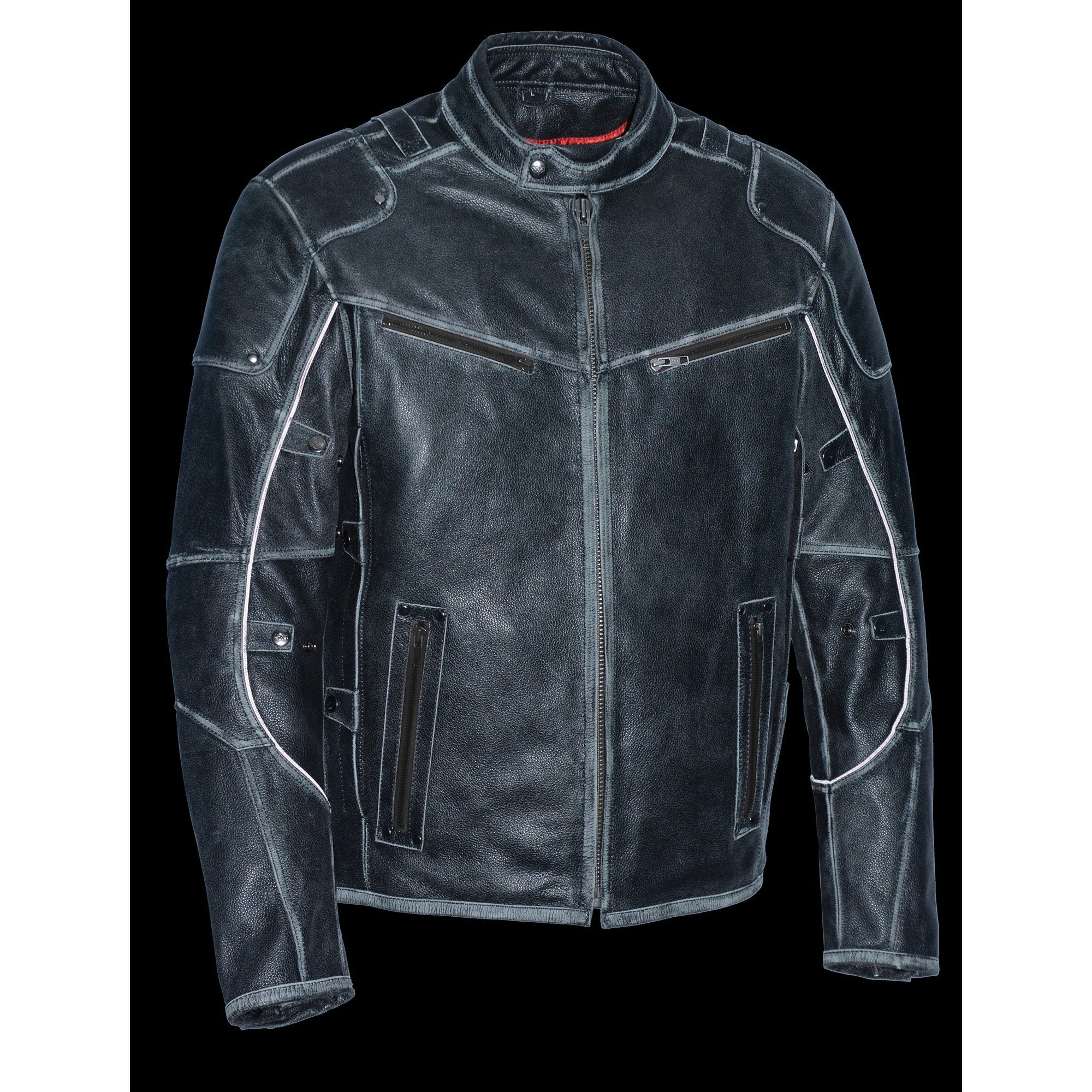MLM1536 Mens Vintage Distressed Grey Leather Scooter Style Motorcycle Jacket - Reflective Piping