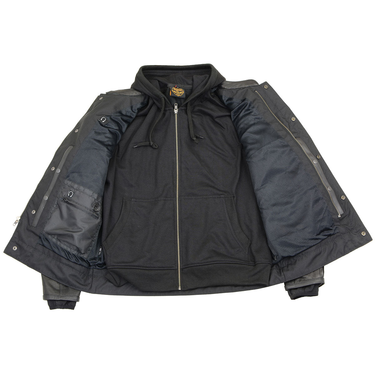 MLM1537 Men's Black Leather ‘Utility Pocket’ Vented Jacket with Removable Hoodie