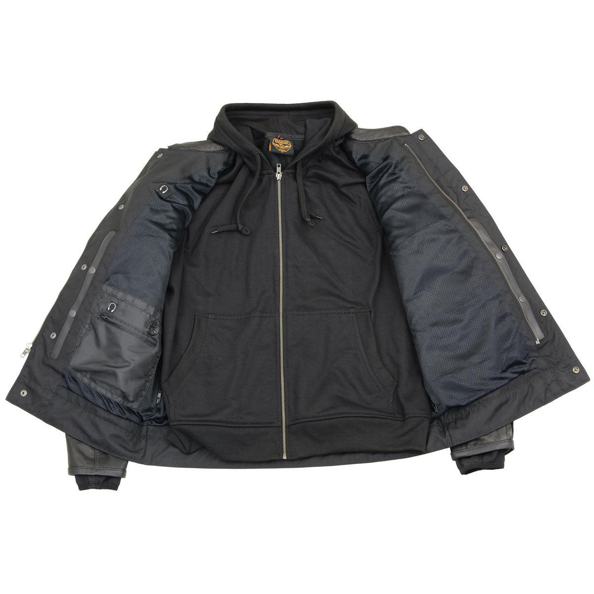 MLM1537 Men's Black Leather ‘Utility Pocket’ Vented Jacket with Removable Hoodie