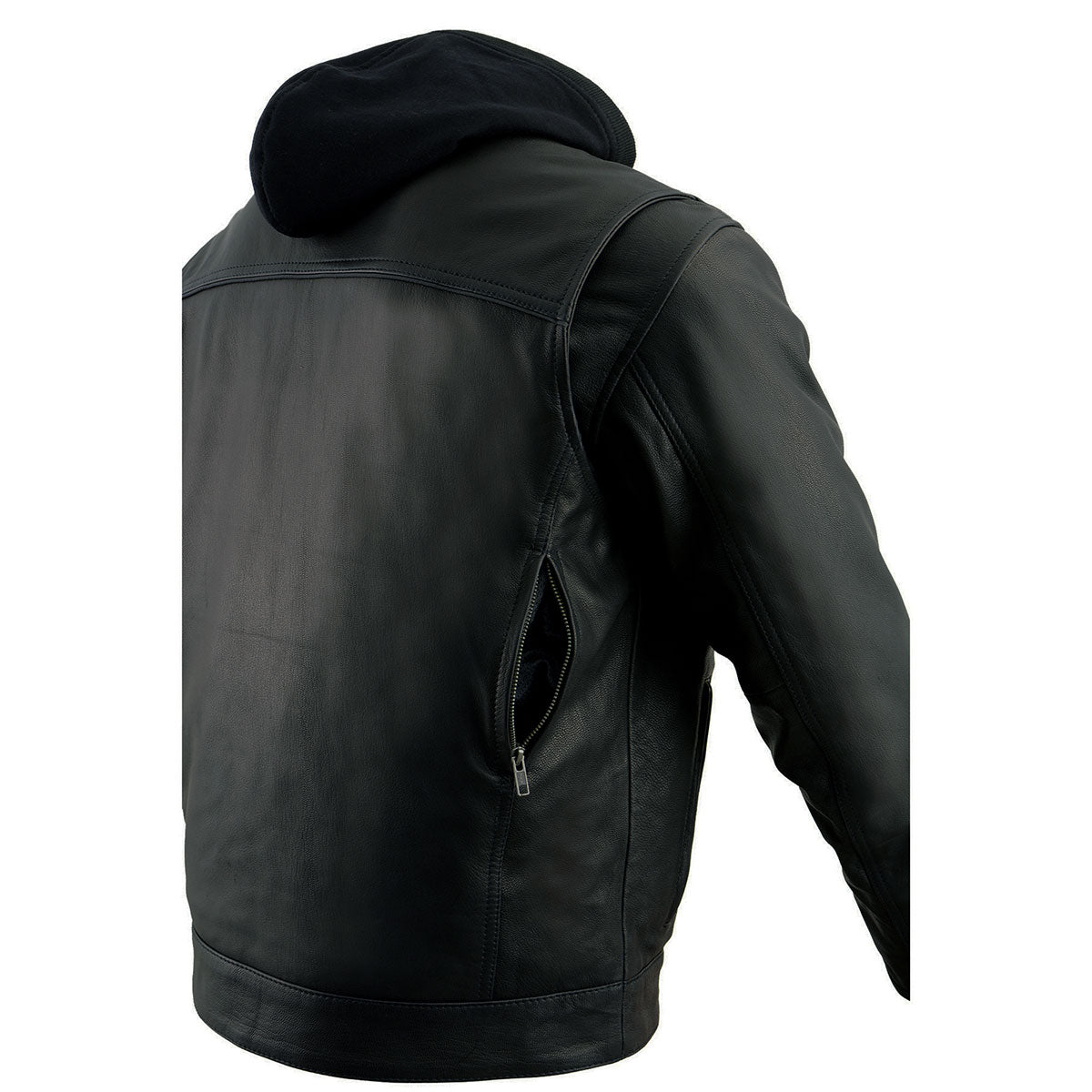 MLM1537 Men's Black Leather ‘Utility Pocket’ Vented Jacket with Removable Hoodie