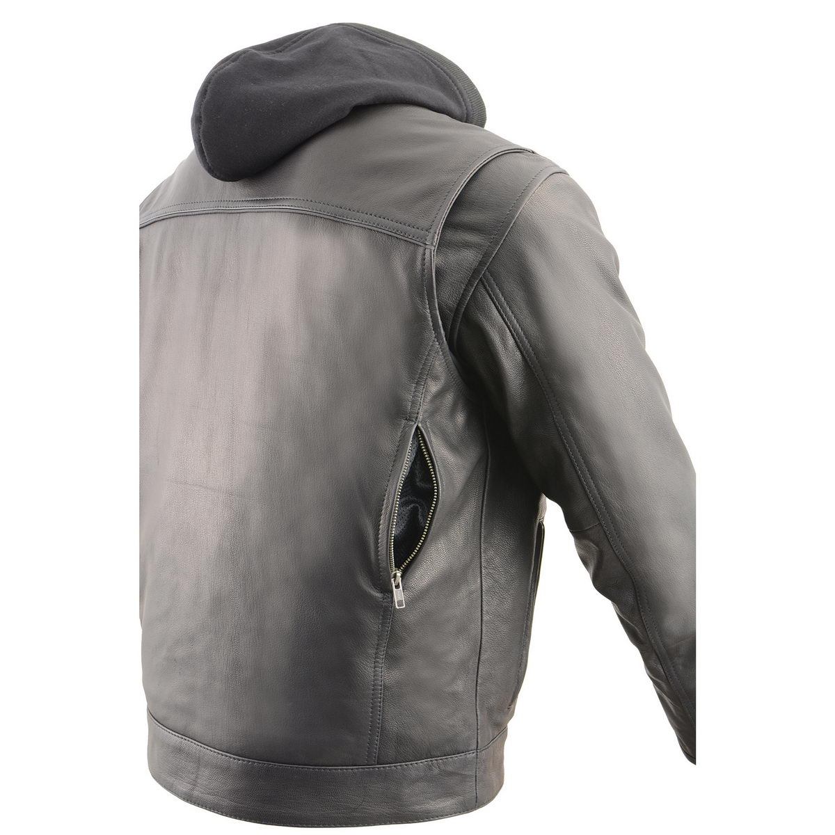 MLM1537 Men's Black Leather ‘Utility Pocket’ Vented Jacket with Removable Hoodie