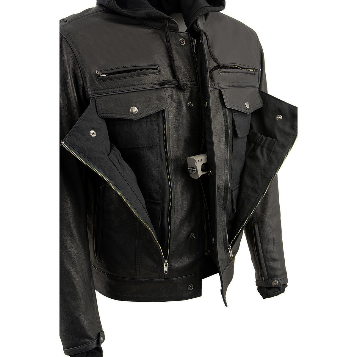 MLM1537 Men's Black Leather ‘Utility Pocket’ Vented Jacket with Removable Hoodie