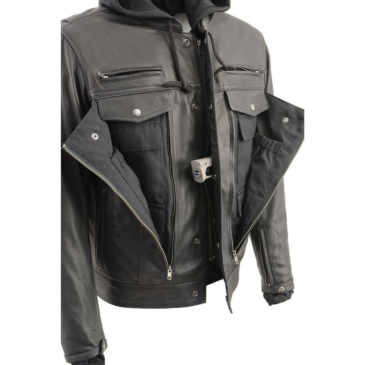 MLM1537 Men's Black Leather ‘Utility Pocket’ Vented Jacket with Removable Hoodie