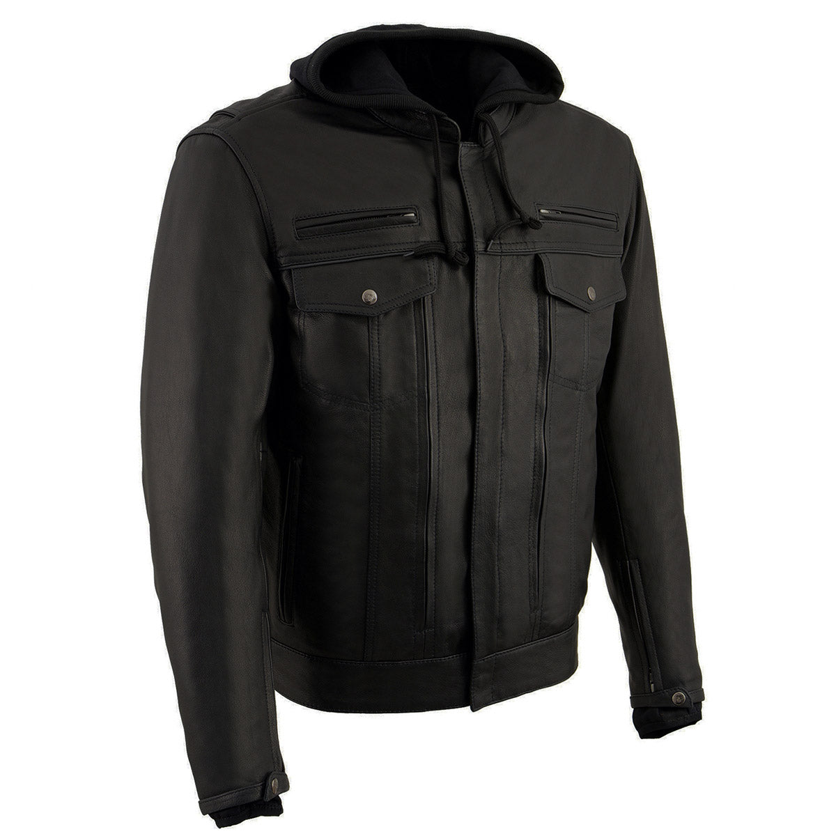 MLM1537 Men's Black Leather ‘Utility Pocket’ Vented Jacket with Removable Hoodie
