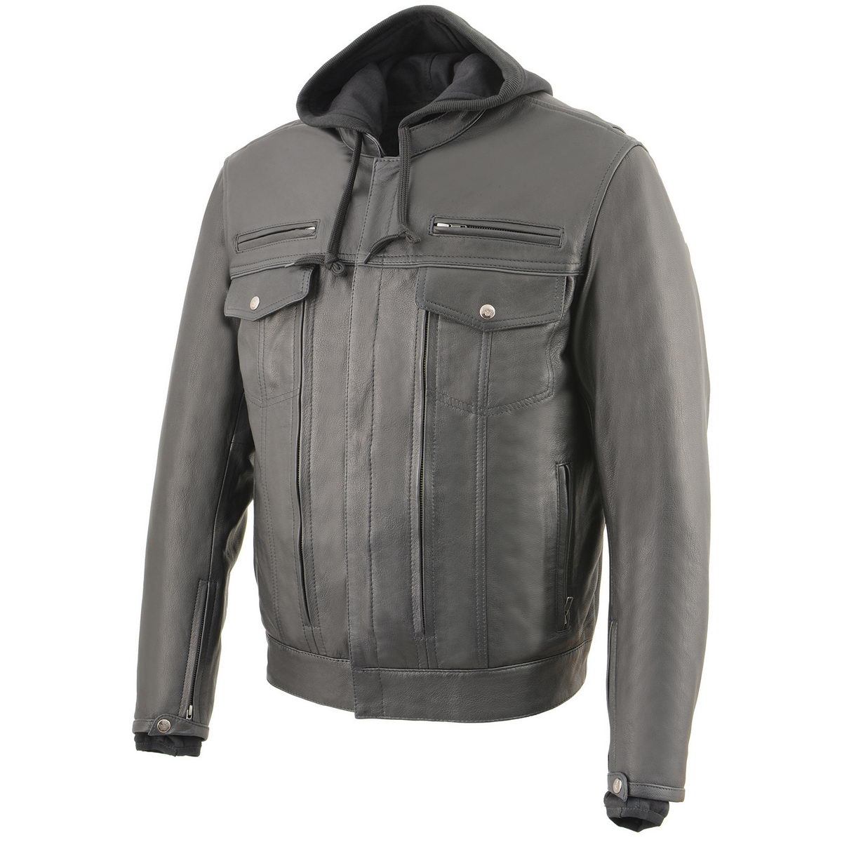 MLM1537 Men's Black Leather ‘Utility Pocket’ Vented Jacket with Removable Hoodie