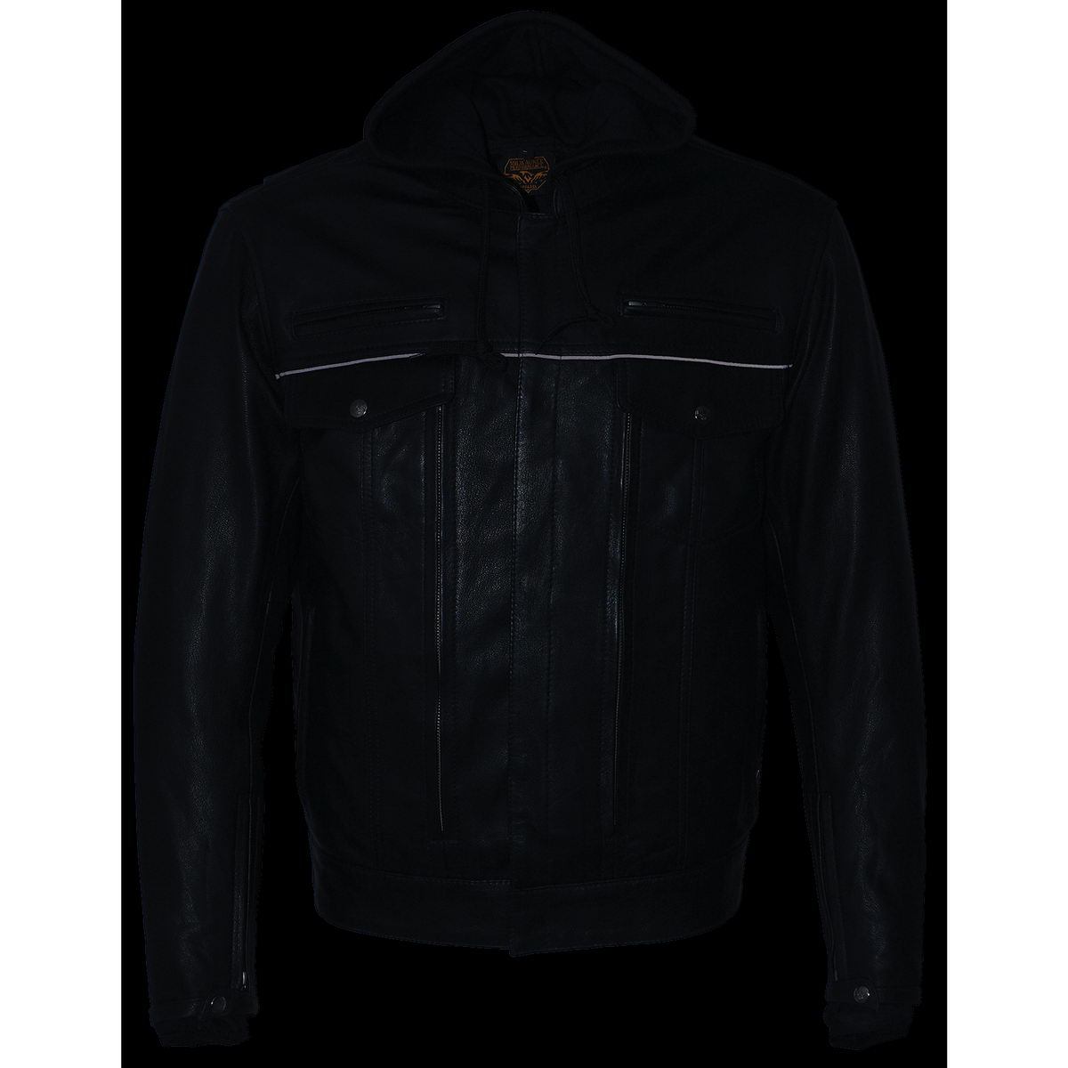 MLM1537 Men's Black Leather ‘Utility Pocket’ Vented Jacket with Removable Hoodie