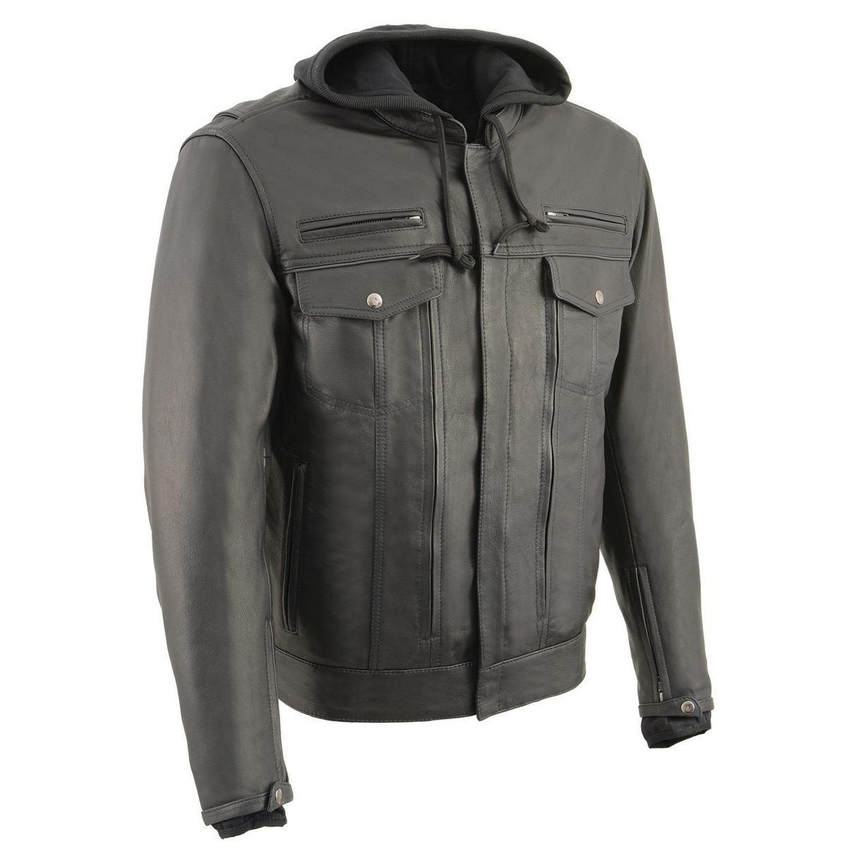 MLM1537 Men's Black Leather ‘Utility Pocket’ Vented Jacket with Removable Hoodie