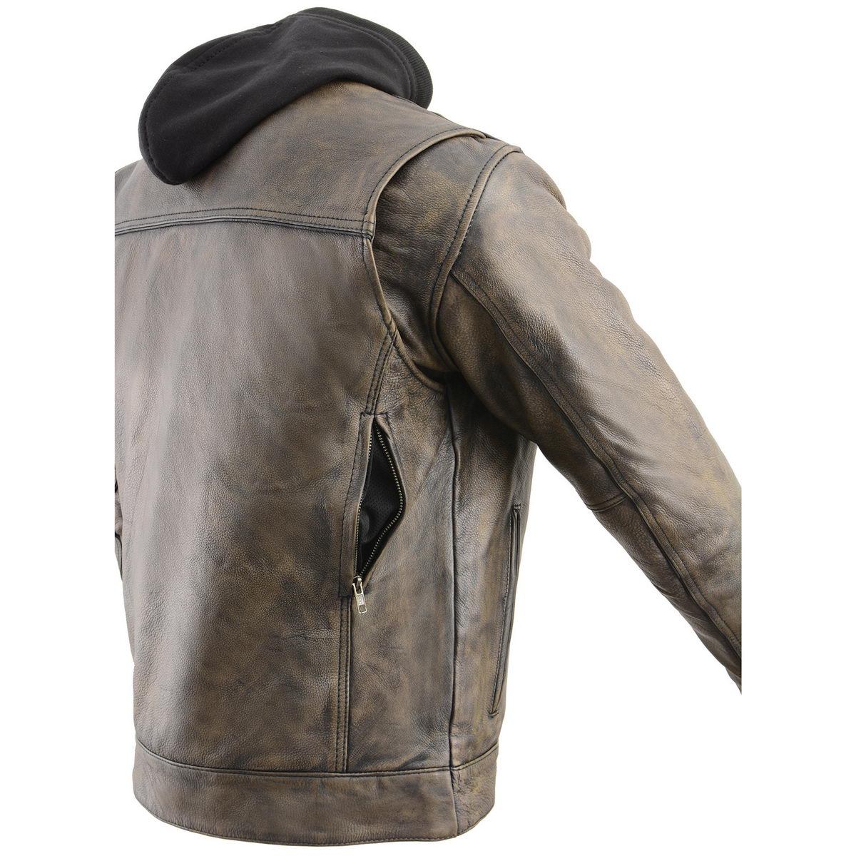 MLM1538 Men's Distressed Brown Leather ‘Utility Pocket’ Vented Jacket with Removable Hoodie