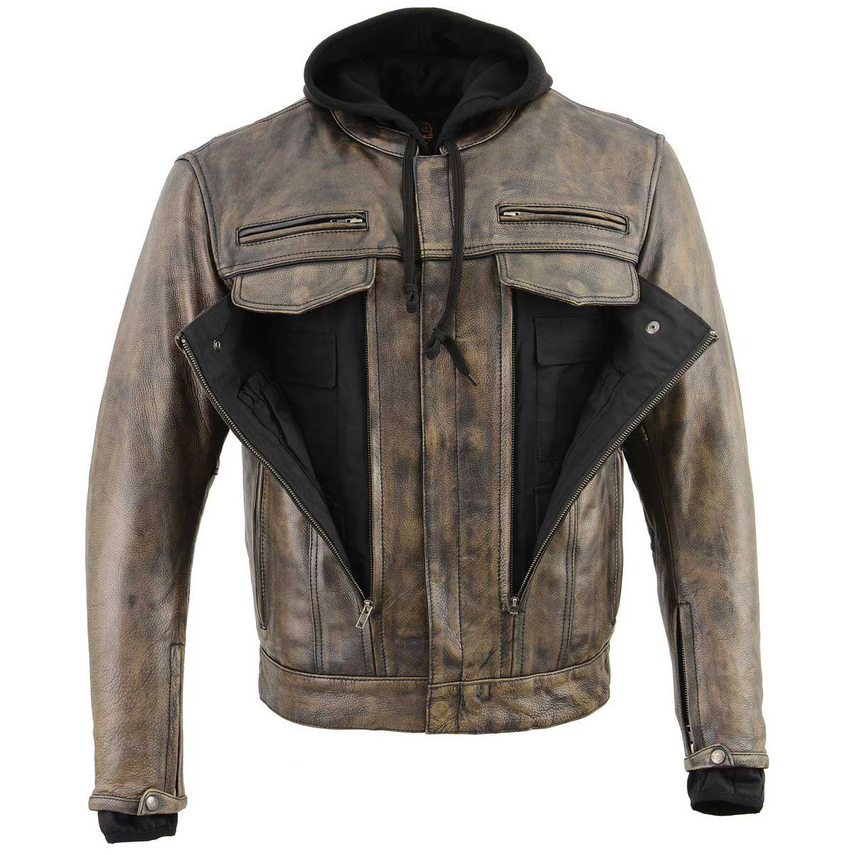 MLM1538 Men's Distressed Brown Leather ‘Utility Pocket’ Vented Jacket with Removable Hoodie