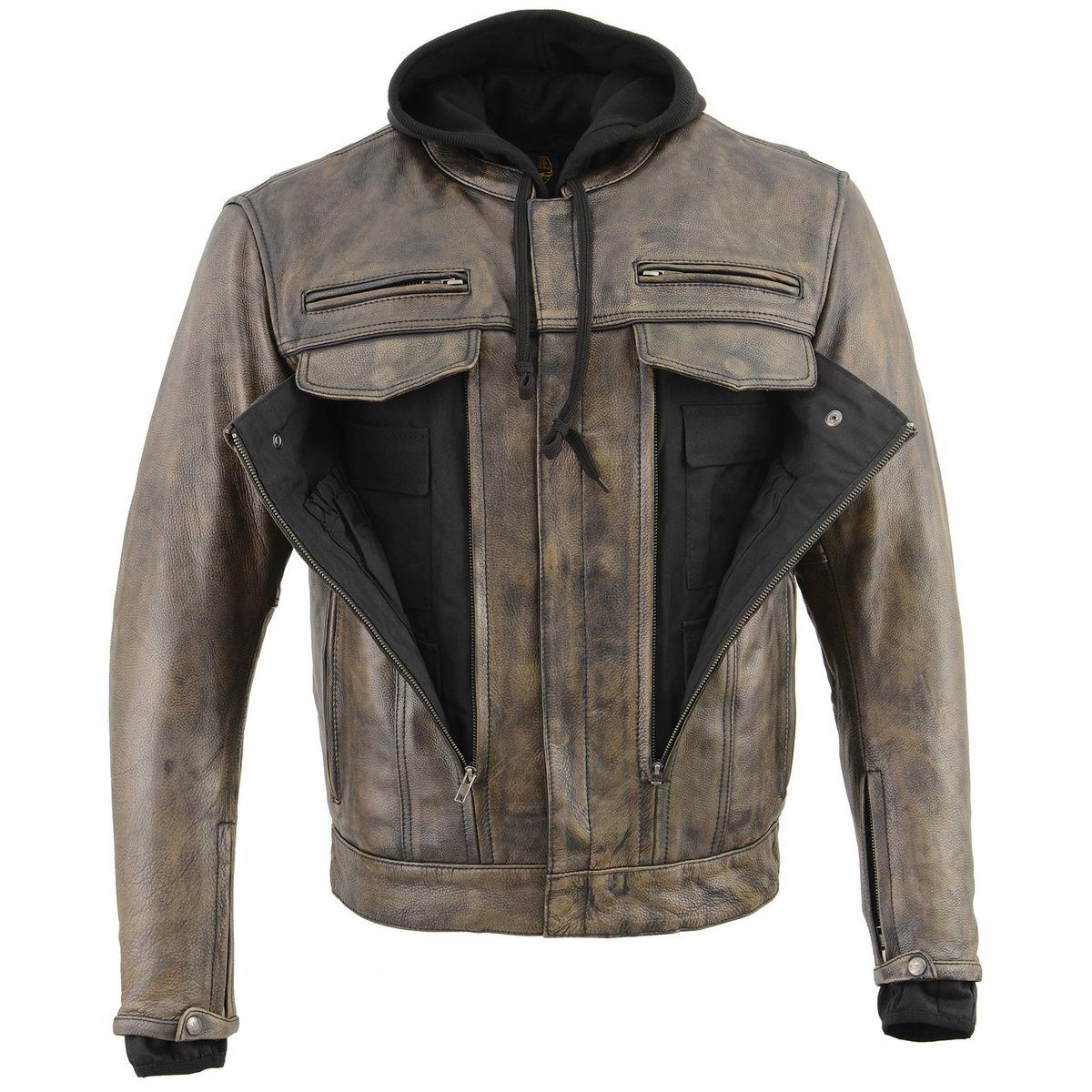 MLM1538 Men's Distressed Brown Leather ‘Utility Pocket’ Vented Jacket with Removable Hoodie