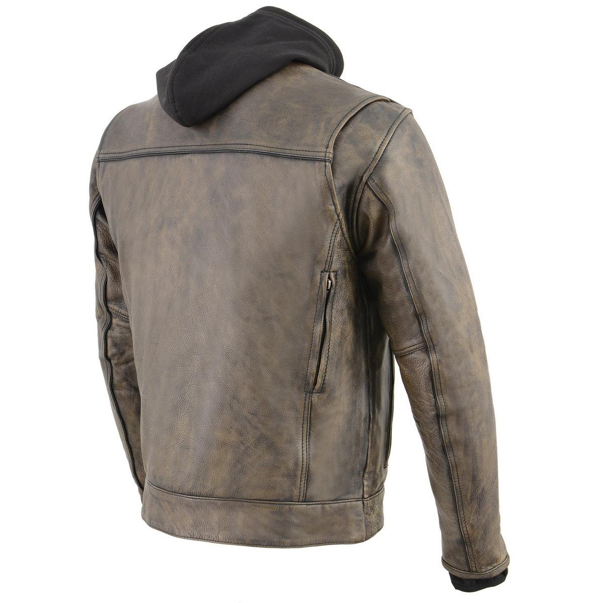 MLM1538 Men's Distressed Brown Leather ‘Utility Pocket’ Vented Jacket with Removable Hoodie