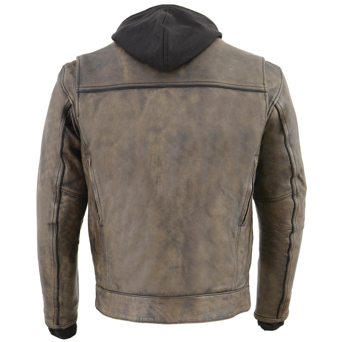 MLM1538 Men's Distressed Brown Leather ‘Utility Pocket’ Vented Jacket with Removable Hoodie