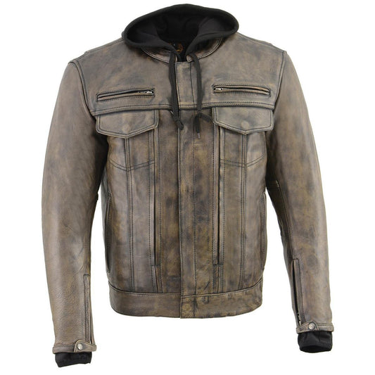 MLM1538 Men's Distressed Brown Leather ‘Utility Pocket’ Vented Jacket with Removable Hoodie
