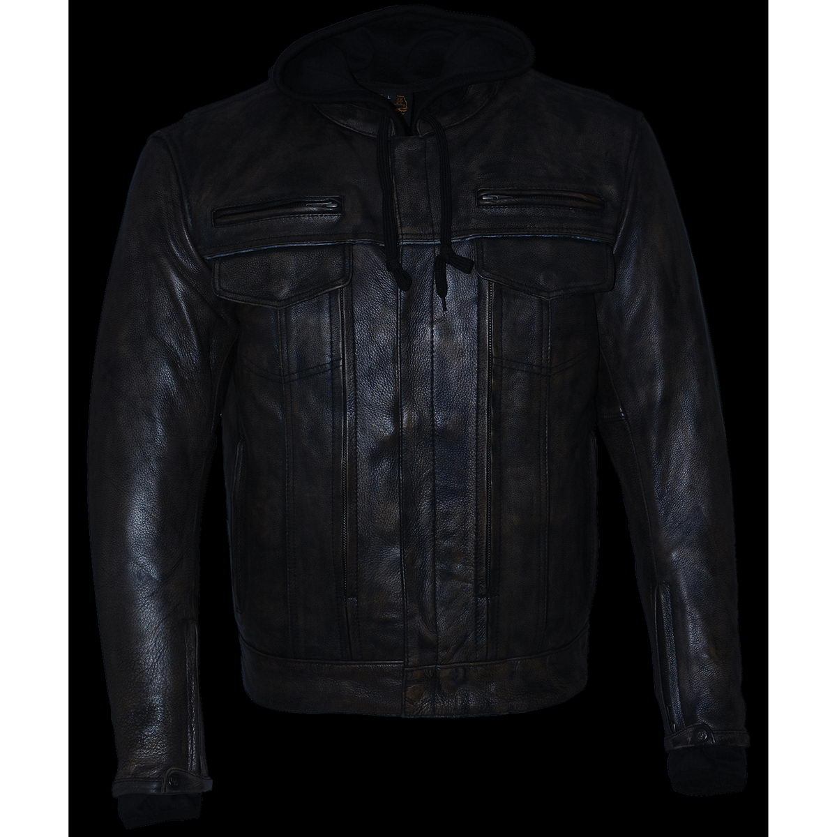 MLM1538 Men's Distressed Brown Leather ‘Utility Pocket’ Vented Jacket with Removable Hoodie