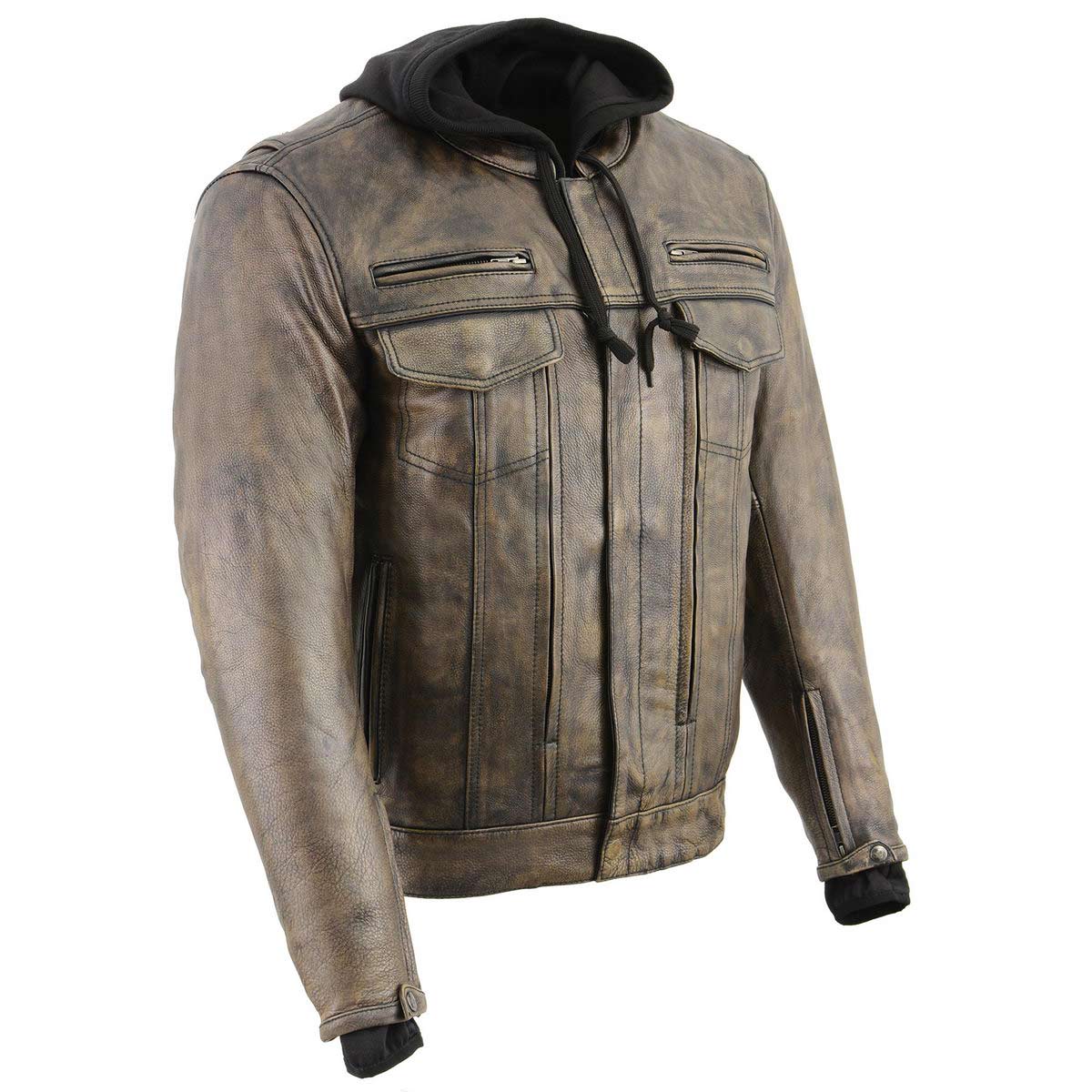 MLM1538 Men's Distressed Brown Leather ‘Utility Pocket’ Vented Jacket with Removable Hoodie