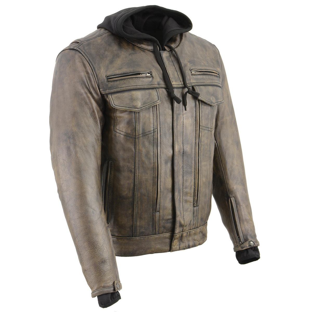MLM1538 Men's Distressed Brown Leather ‘Utility Pocket’ Vented Jacket with Removable Hoodie