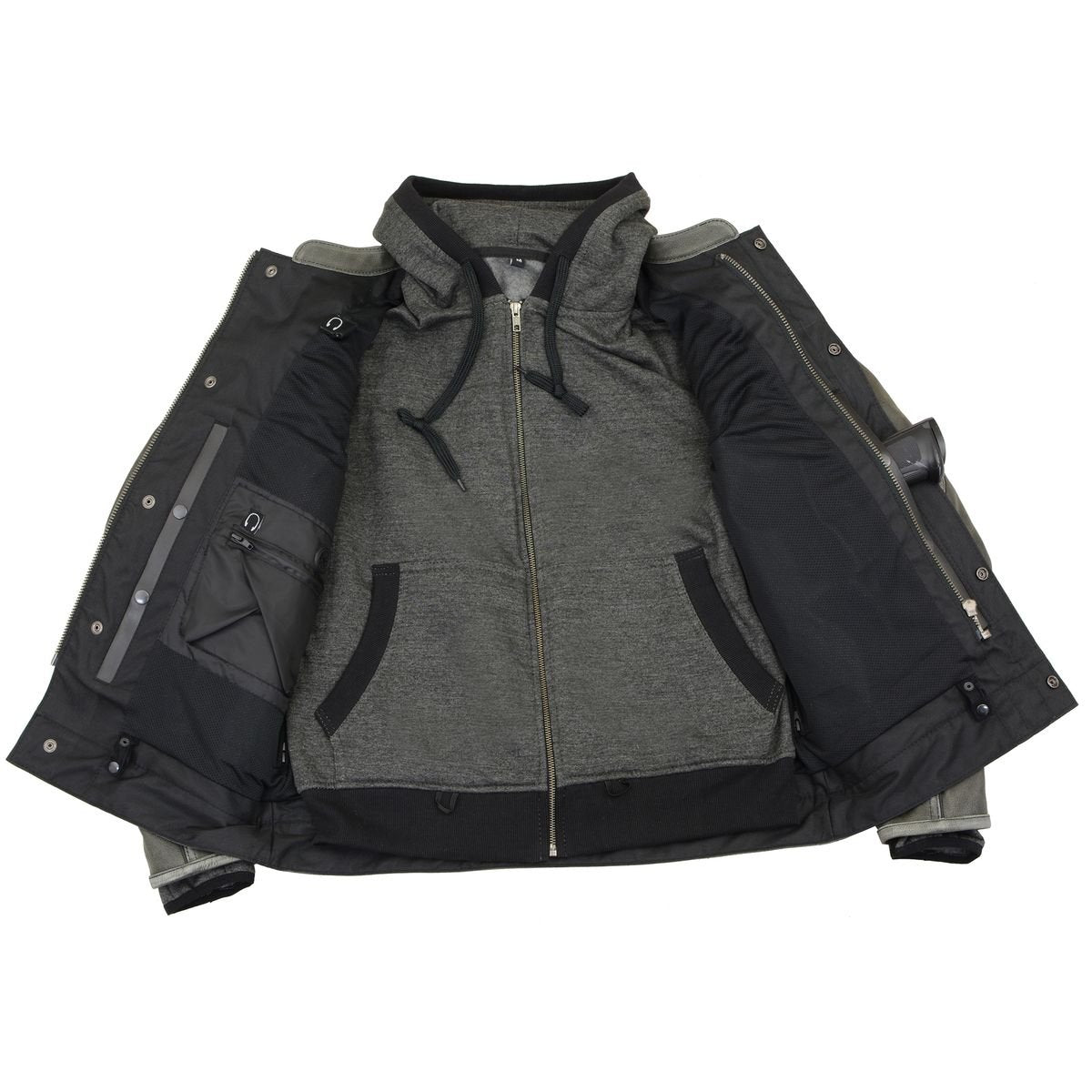 MLM1539 Men's Distressed Grey Leather ‘Utility Pocket’ Vented Jacket with Removable Hoodie