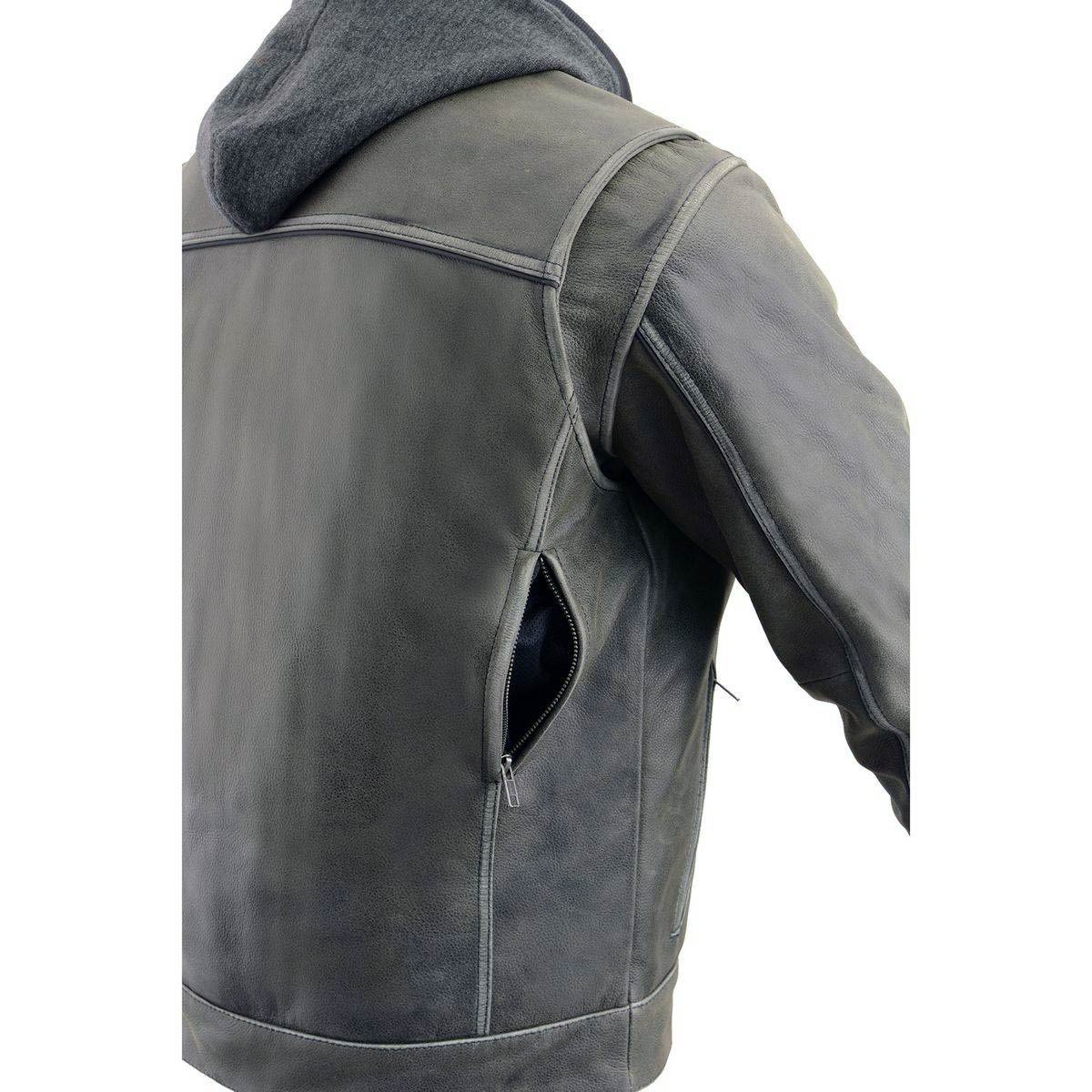 MLM1539 Men's Distressed Grey Leather ‘Utility Pocket’ Vented Jacket with Removable Hoodie