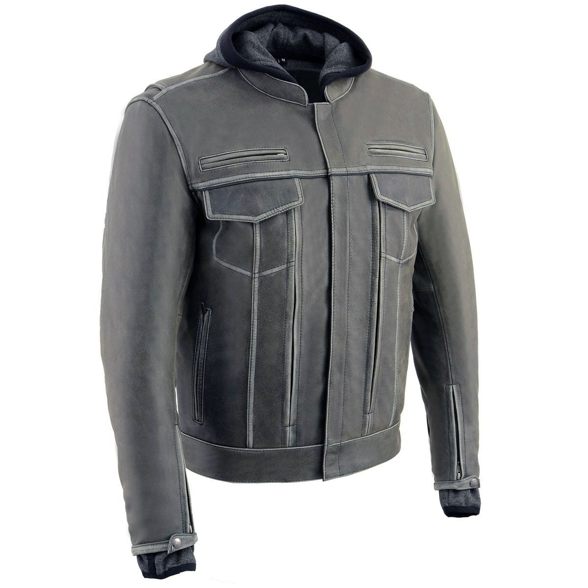 MLM1539 Men's Distressed Grey Leather ‘Utility Pocket’ Vented Jacket with Removable Hoodie