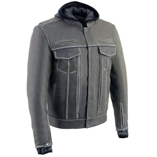 MLM1539 Men's Distressed Grey Leather ‘Utility Pocket’ Vented Jacket with Removable Hoodie