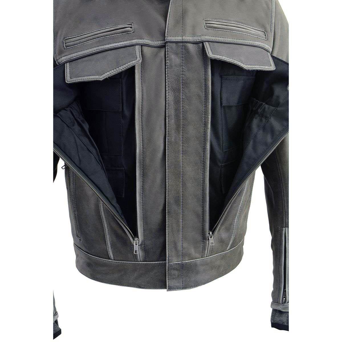 MLM1539 Men's Distressed Grey Leather ‘Utility Pocket’ Vented Jacket with Removable Hoodie