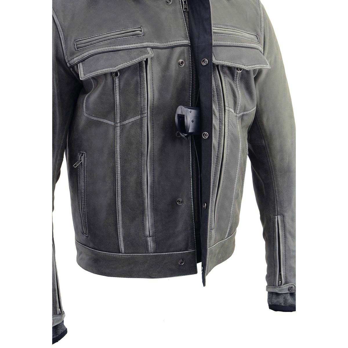 MLM1539 Men's Distressed Grey Leather ‘Utility Pocket’ Vented Jacket with Removable Hoodie