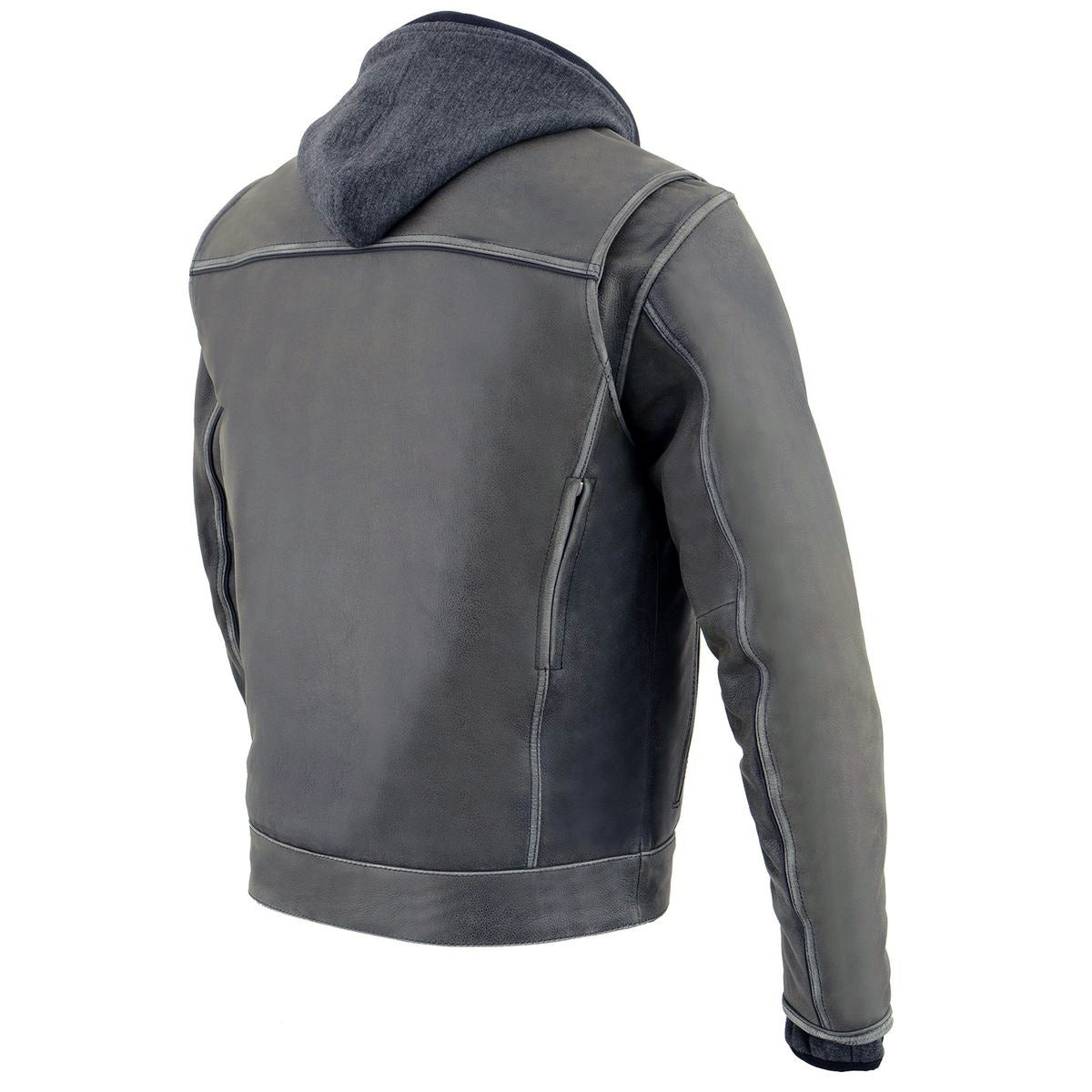 MLM1539 Men's Distressed Grey Leather ‘Utility Pocket’ Vented Jacket with Removable Hoodie