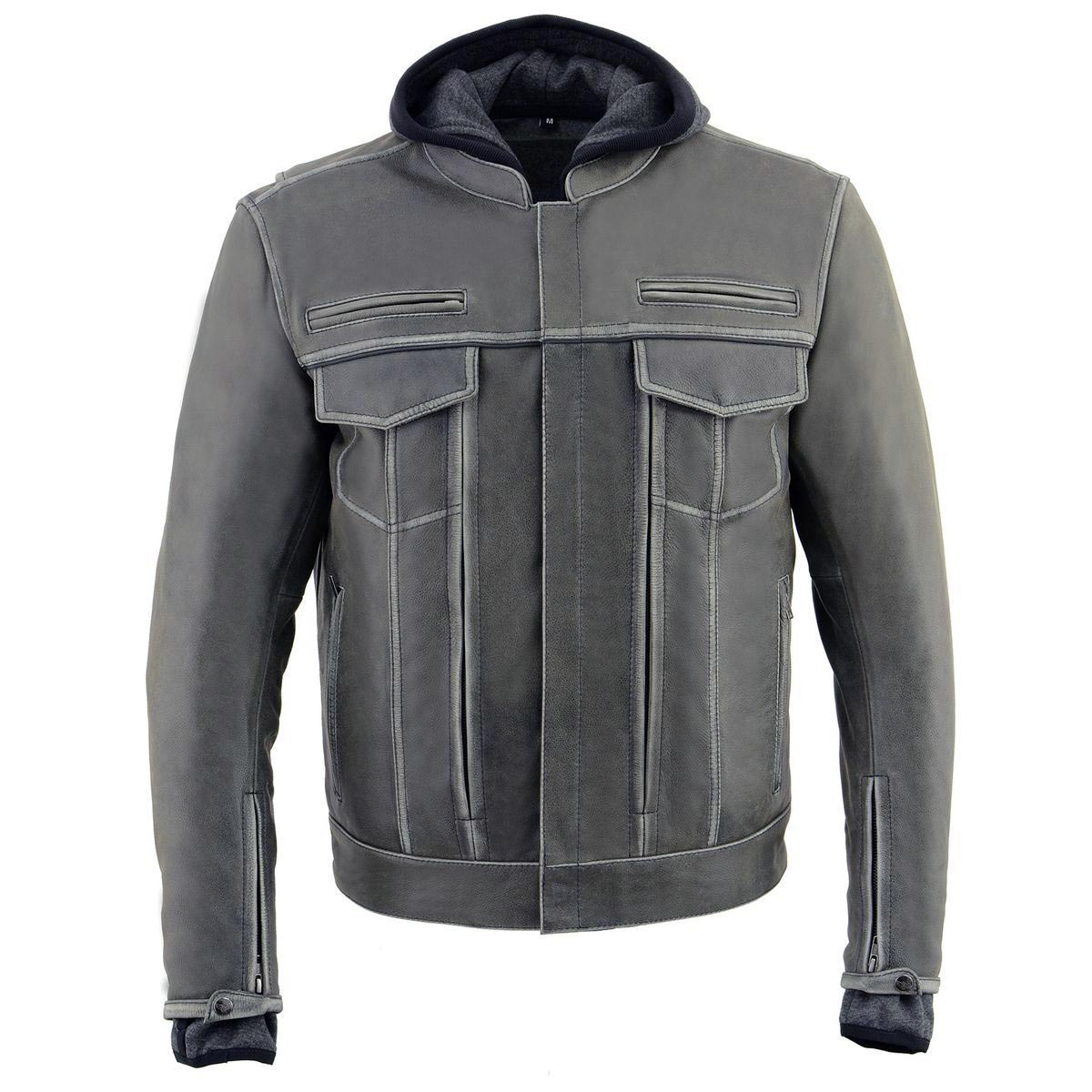 MLM1539 Men's Distressed Grey Leather ‘Utility Pocket’ Vented Jacket with Removable Hoodie