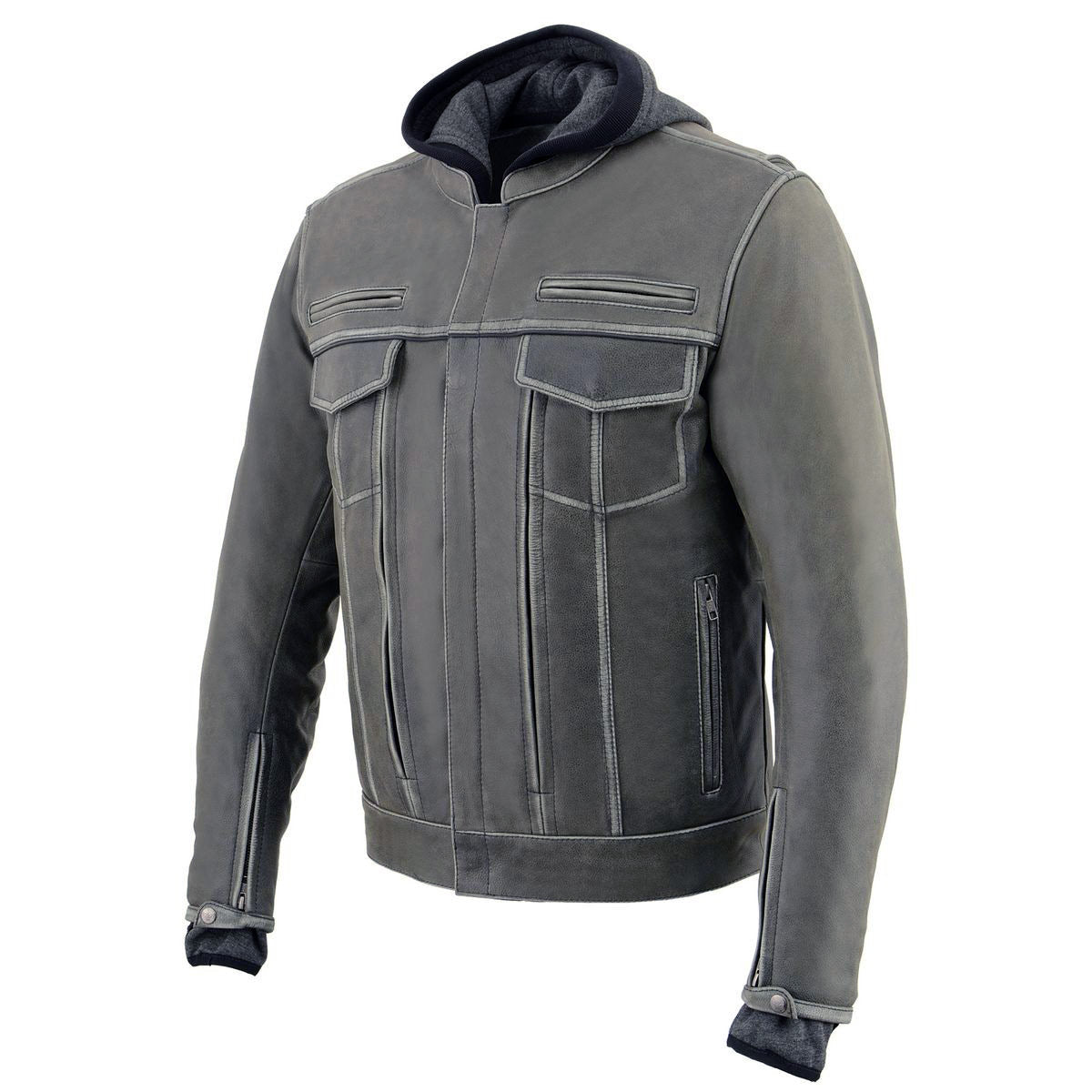 MLM1539 Men's Distressed Grey Leather ‘Utility Pocket’ Vented Jacket with Removable Hoodie