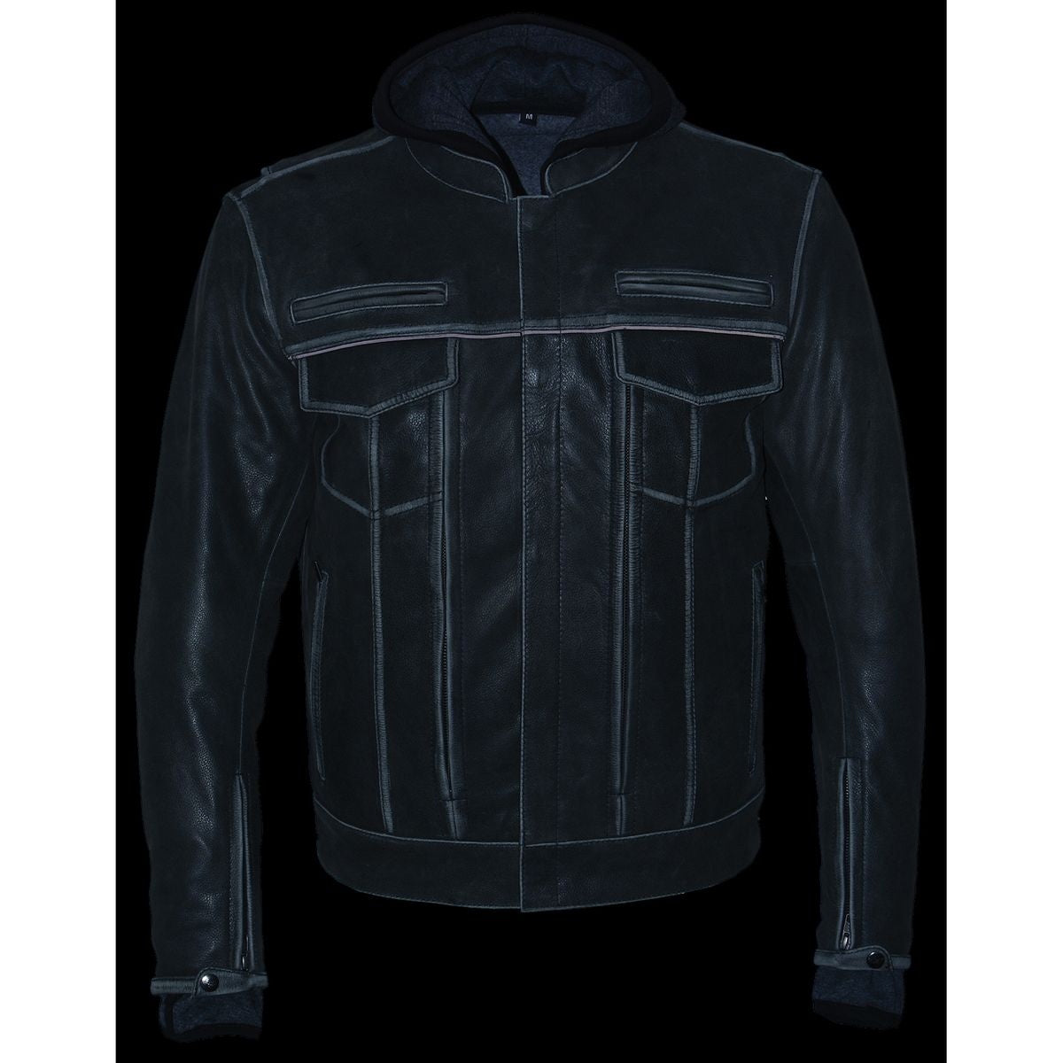 MLM1539 Men's Distressed Grey Leather ‘Utility Pocket’ Vented Jacket with Removable Hoodie
