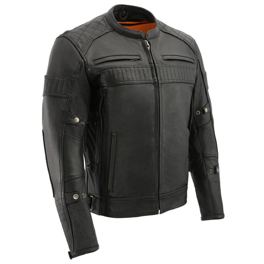 MLM1545 Men's Quilted Pattern Triple Vent Black Leather Scooter Jacket
