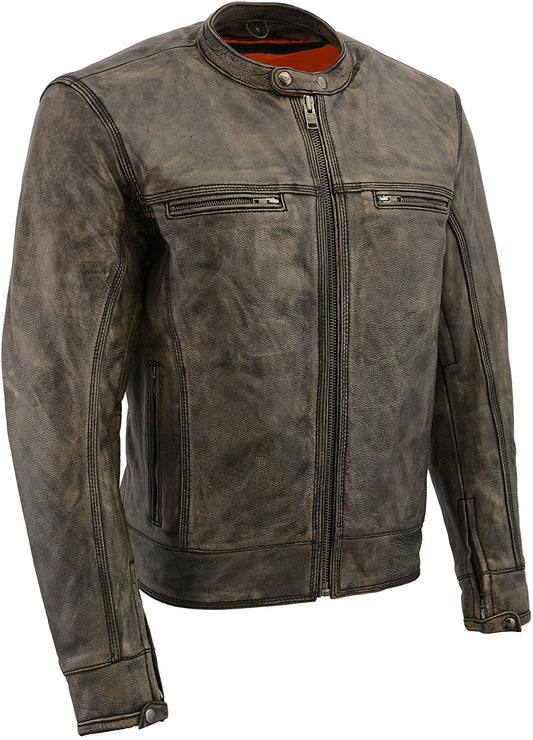 MLM1550 Men's Vented Black-Beige Distressed Leather Scooter Style Motorcycle Jacket w/ Liner