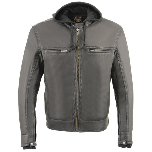 MLM1552 Men's Black Leather ‘Utility Pocket’ Vented Scooter Style Motorcycle Jacket w/ Hoodie