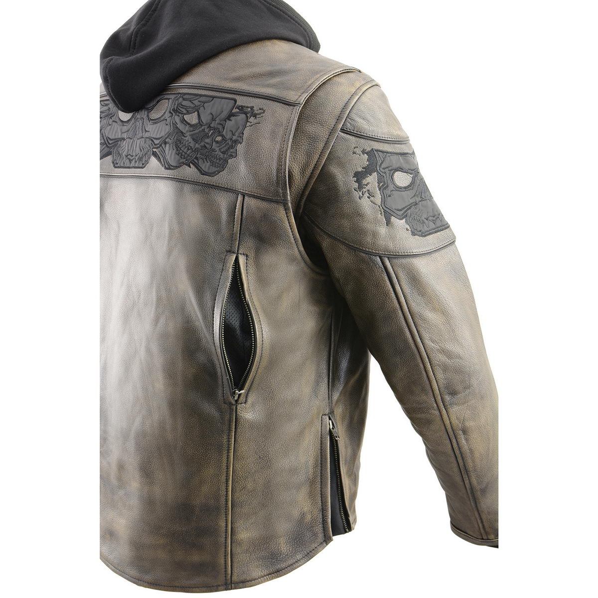 MLM1561 Men's Distressed Brown Leather Jacket with Reflective Skulls