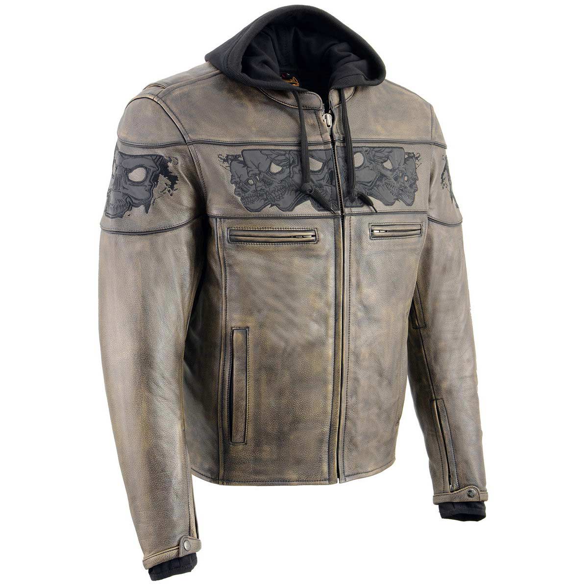 MLM1561 Men's Distressed Brown Leather Jacket with Reflective Skulls