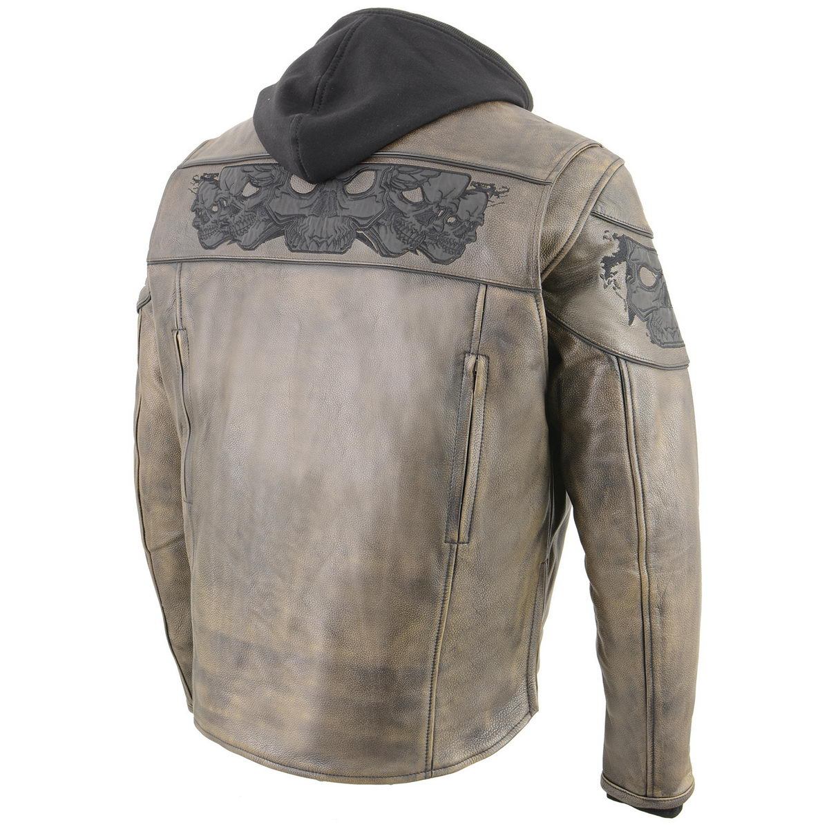 MLM1561 Men's Distressed Brown Leather Jacket with Reflective Skulls