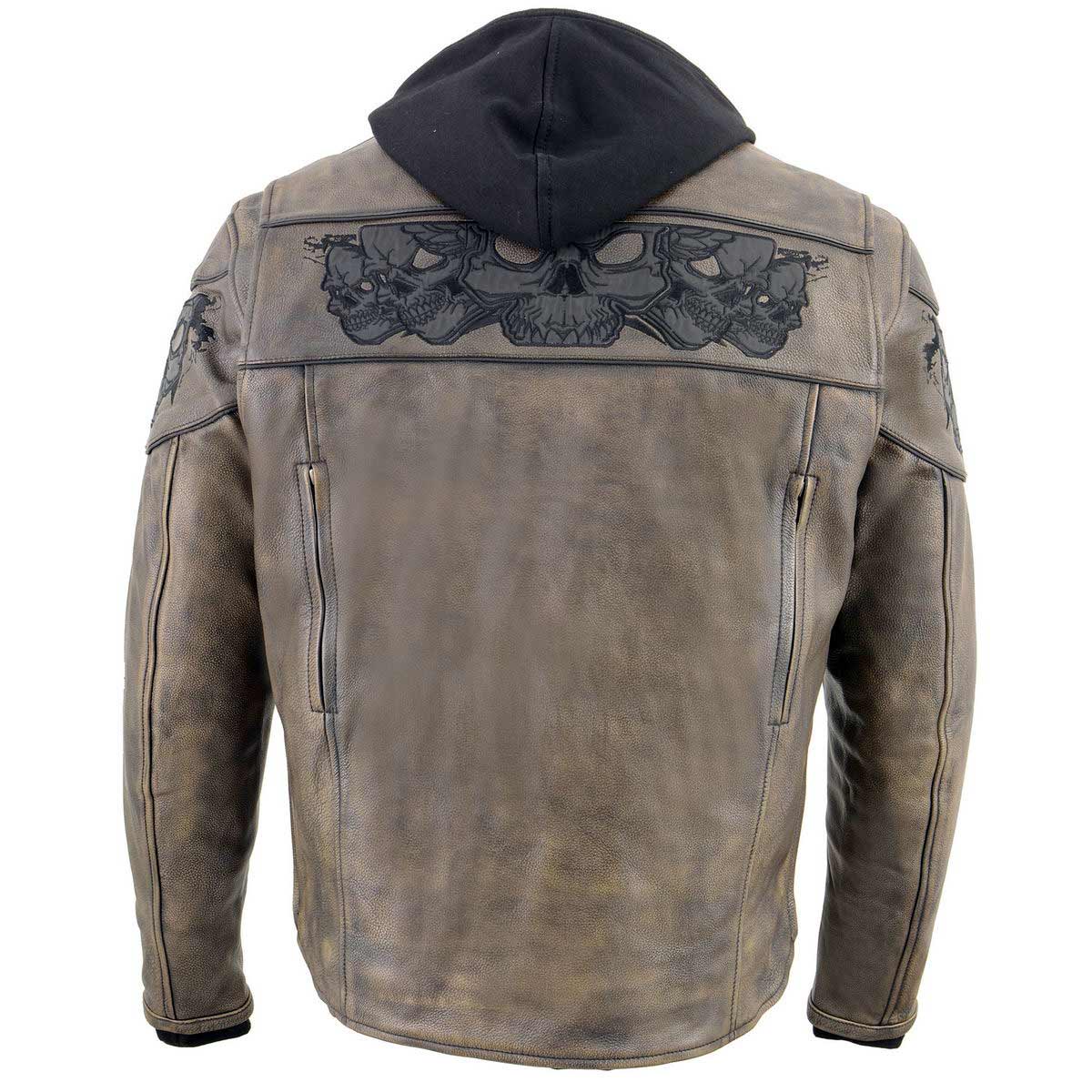 MLM1561 Men's Distressed Brown Leather Jacket with Reflective Skulls