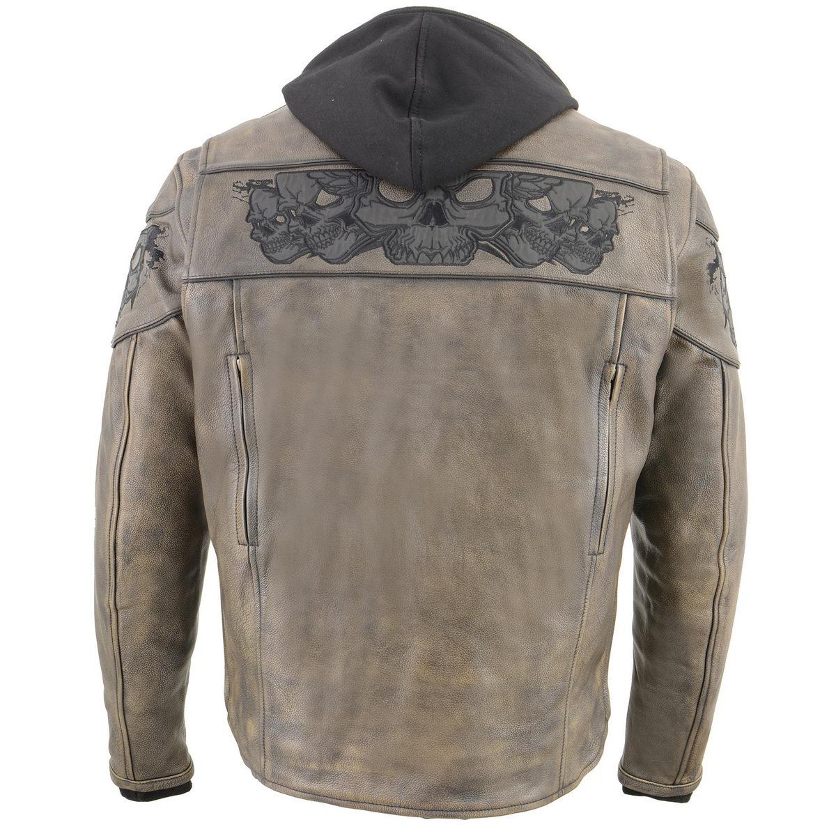 MLM1561 Men's Distressed Brown Leather Jacket with Reflective Skulls