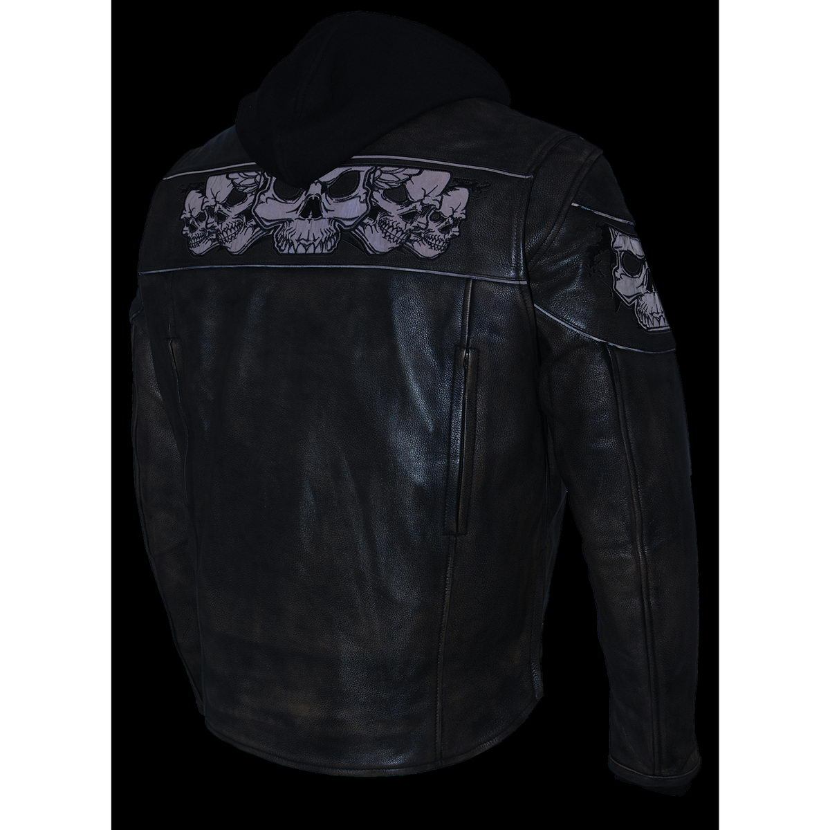 MLM1561 Men's Distressed Brown Leather Jacket with Reflective Skulls