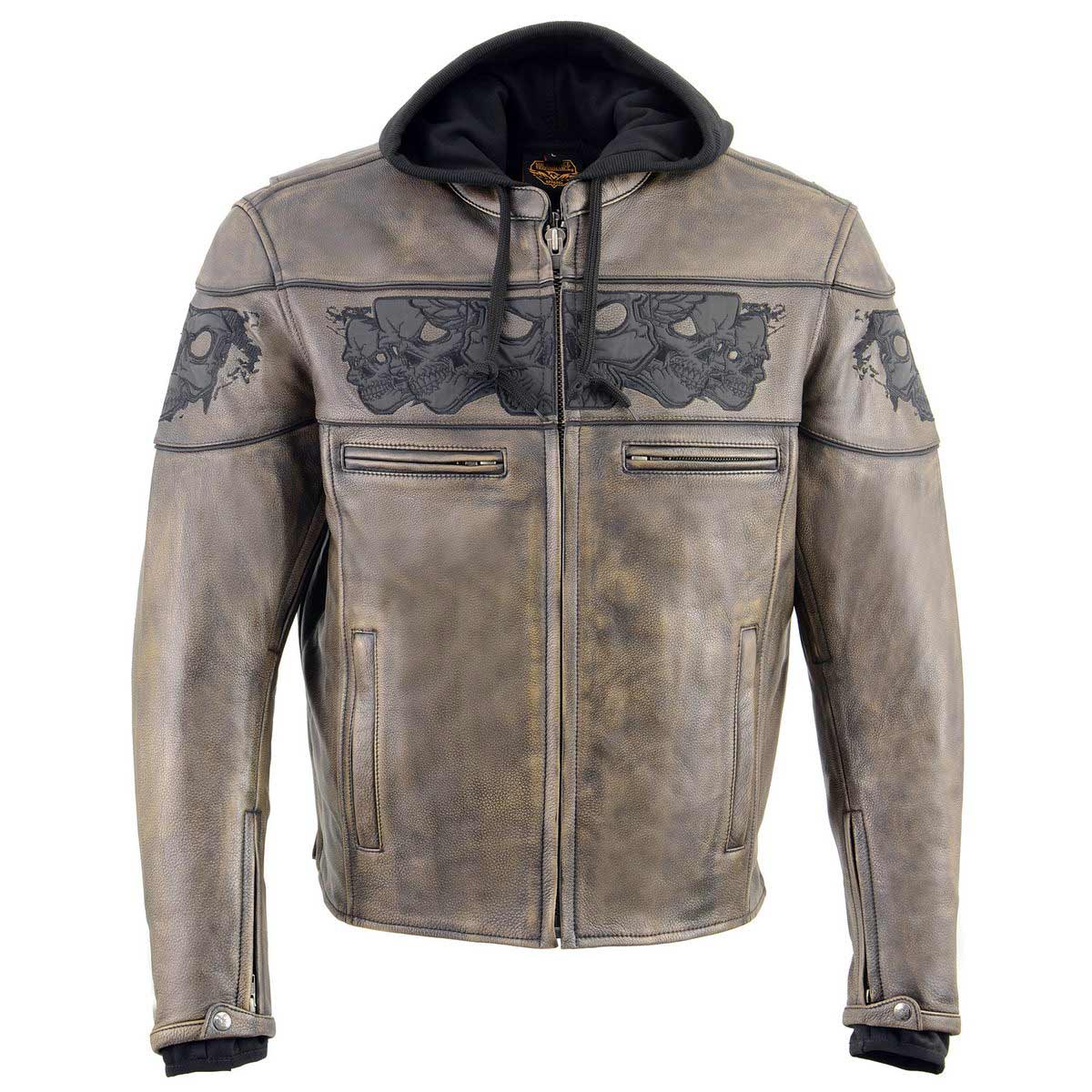 MLM1561 Men's Distressed Brown Leather Jacket with Reflective Skulls