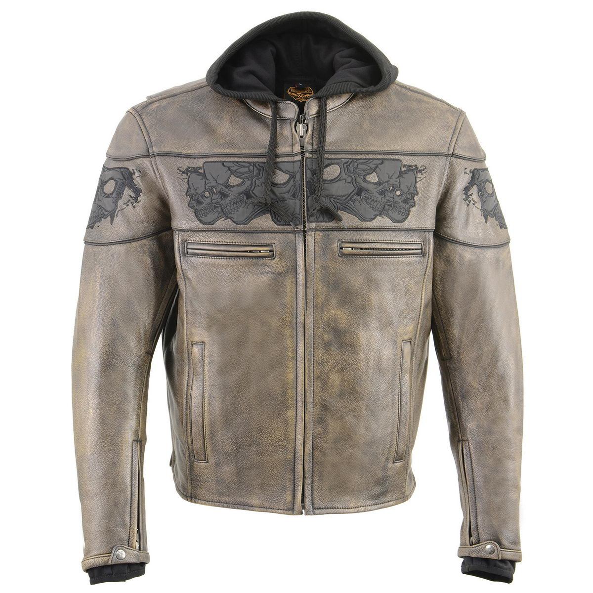 MLM1561 Men's Distressed Brown Leather Jacket with Reflective Skulls