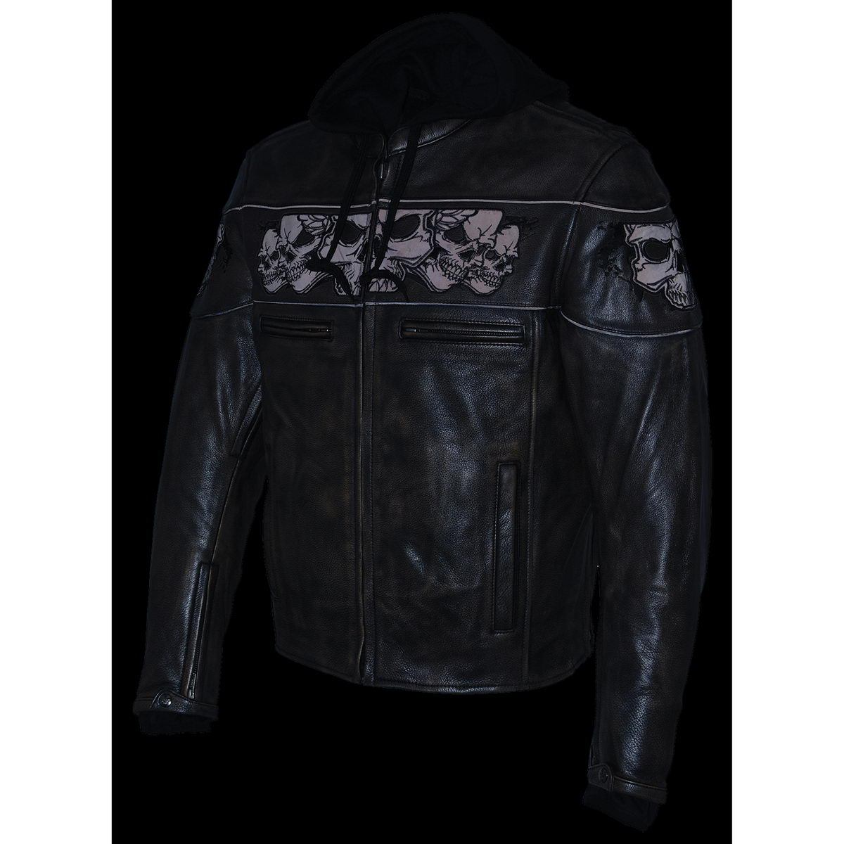 MLM1561 Men's Distressed Brown Leather Jacket with Reflective Skulls