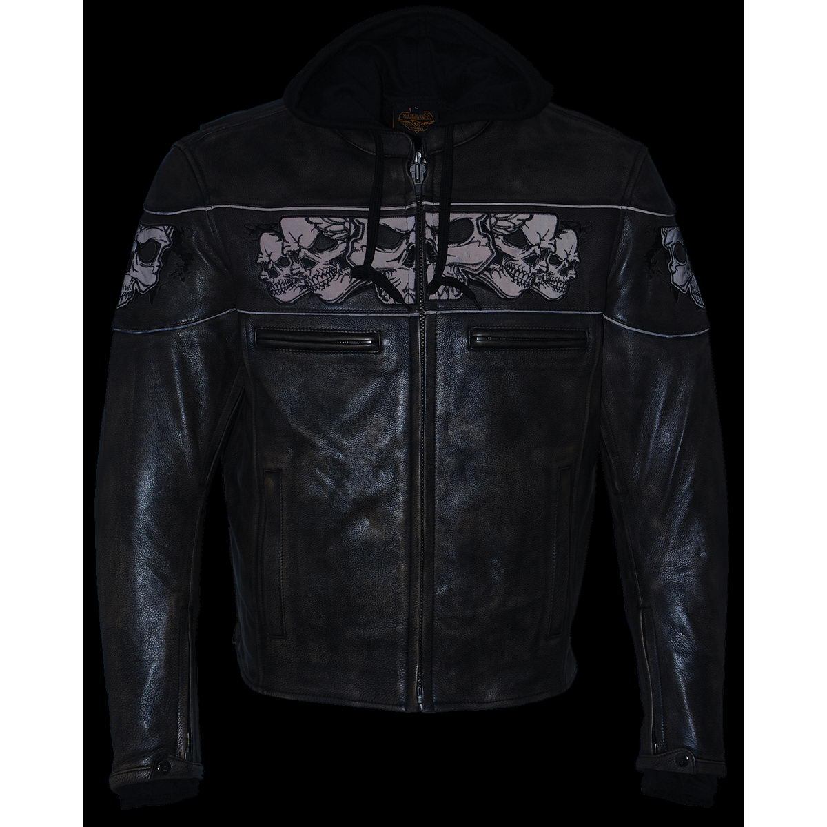 MLM1561 Men's Distressed Brown Leather Jacket with Reflective Skulls