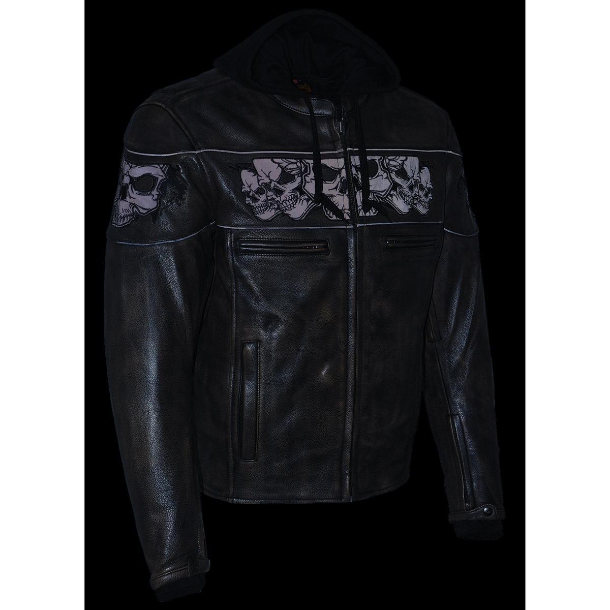 MLM1561 Men's Distressed Brown Leather Jacket with Reflective Skulls
