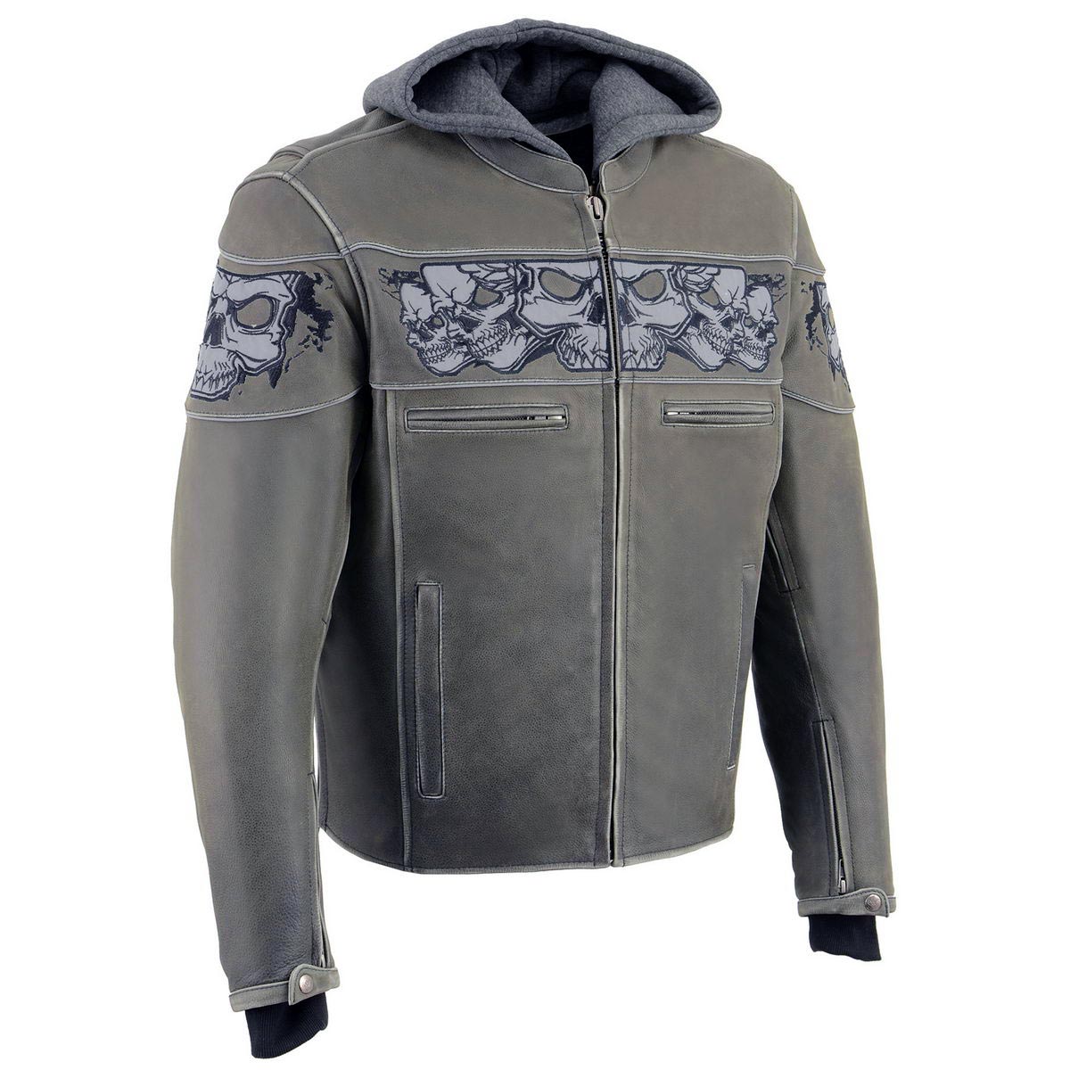 MLM1562 Men's Distressed Grey Leather Jacket with Reflective Skulls