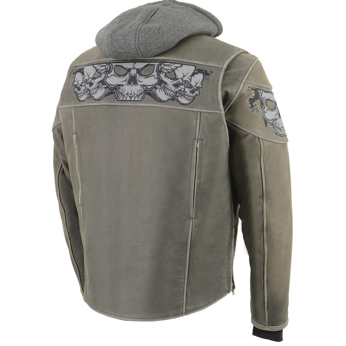 MLM1562 Men's Distressed Grey Leather Jacket with Reflective Skulls