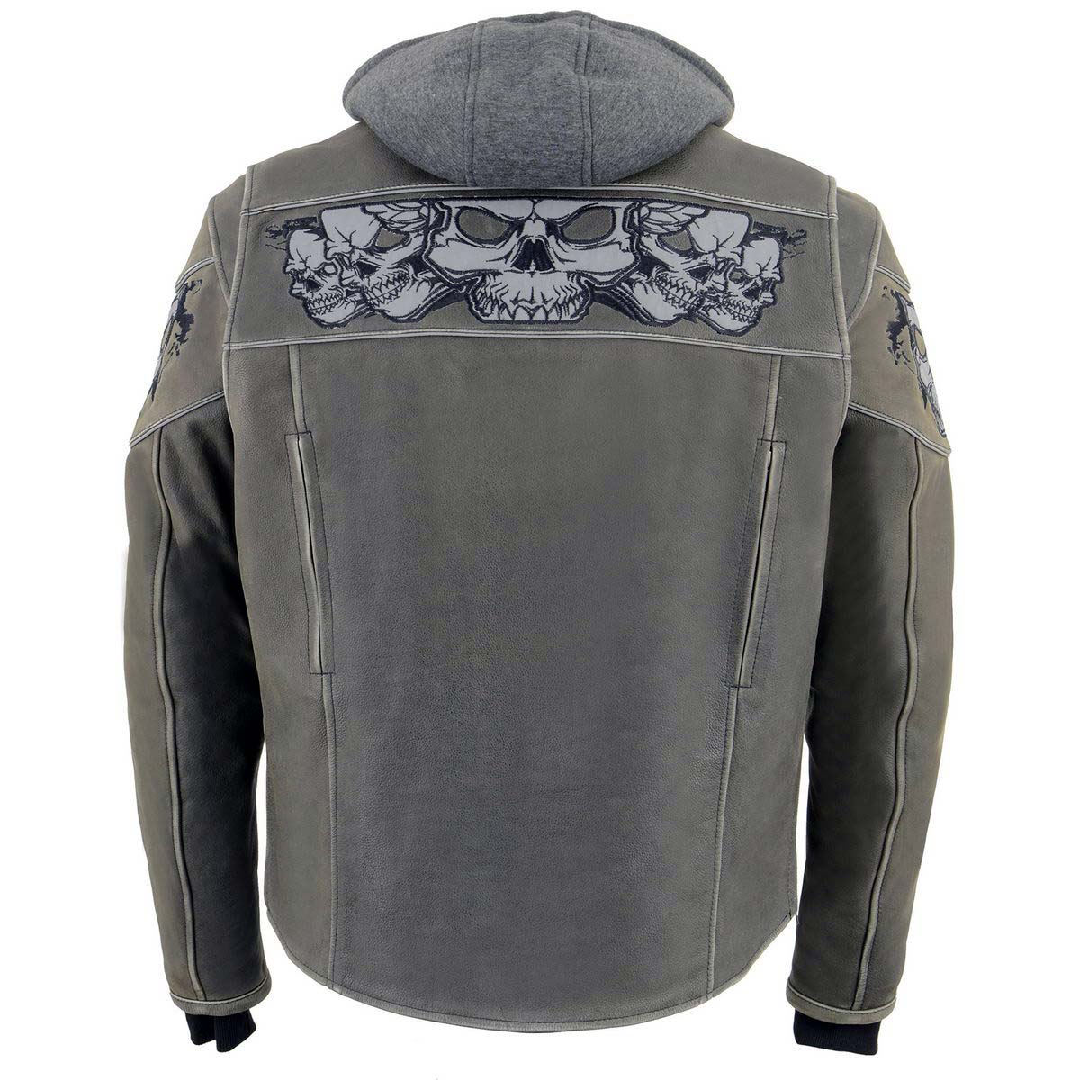 MLM1562 Men's Distressed Grey Leather Jacket with Reflective Skulls