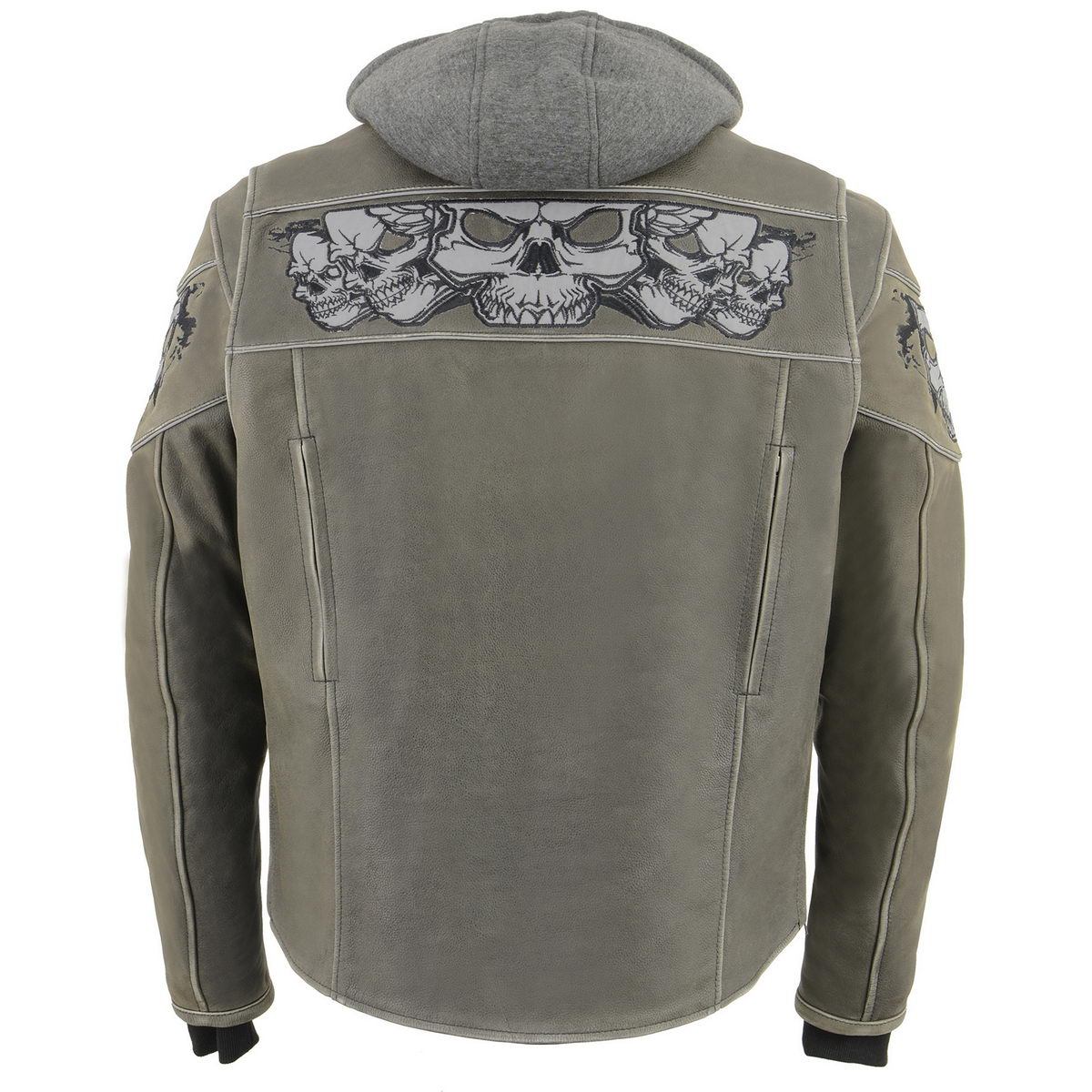 MLM1562 Men's Distressed Grey Leather Jacket with Reflective Skulls