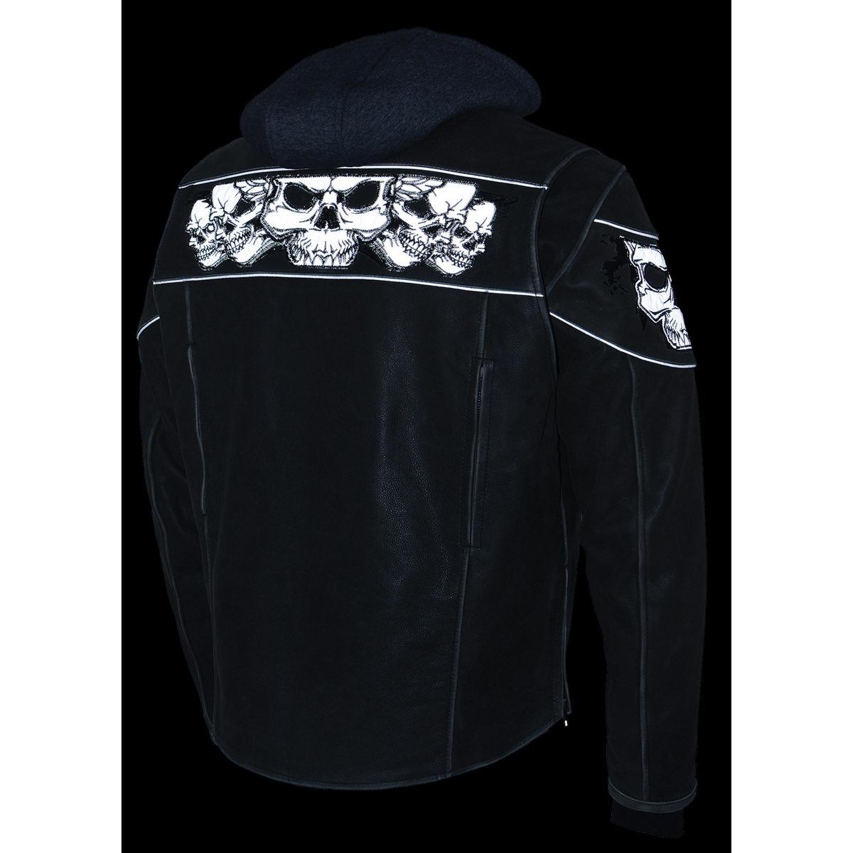 MLM1562 Men's Distressed Grey Leather Jacket with Reflective Skulls